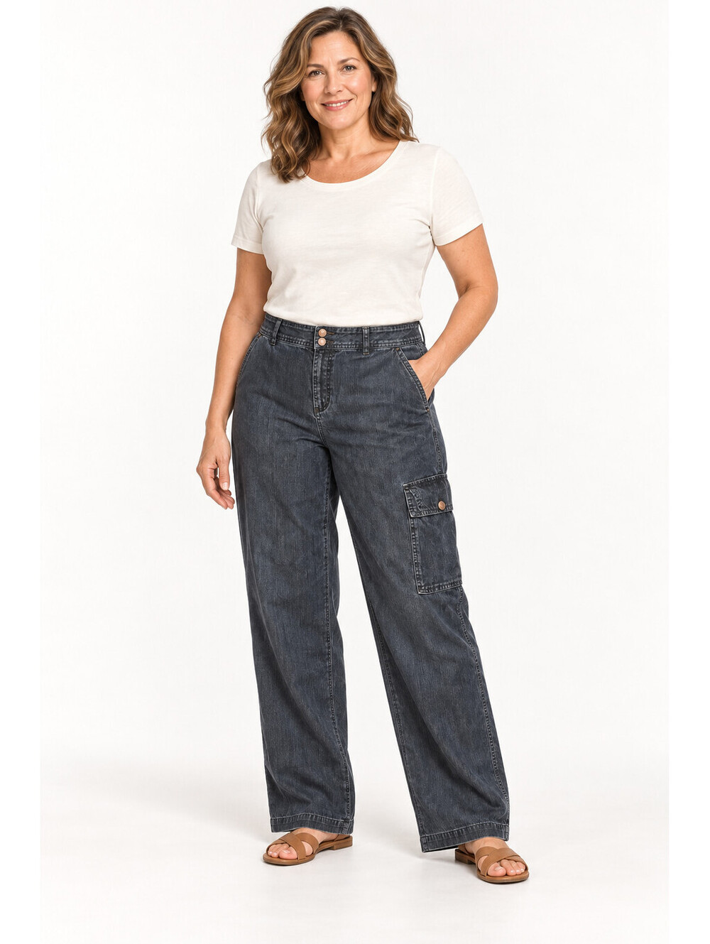 Coldwater Creek Women's 12 Tencel Chambray Cargo Pants Blue Wide Leg Natural Fit